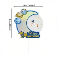 1套藍色外太空行星主題生日蛋糕裝飾插卡和插牌,包括月球宇航員裝飾,適用於烘焙 - 藍色 - 查看 4