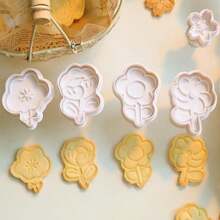 4pcs Sunflower & Marigold Flower Shaped Cookie Cutter With Spring Stamp, For Diy Baking Tools - Flower (A) - View 1
