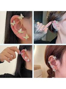 1 Pair/2pcs Gold-plated Butterfly Shaped Ear Cuff With Rhinestone Decor And Chain Tassel, For Non-pierced Ears, Women's Gift - Gold - View 7