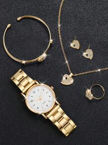 女士石英表，配有简约数字表盘、钢表带和 6 件心形首饰套装（不含表盒） - 玫瑰金 - 查看 5