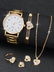 女士石英表，配有简约数字表盘、钢表带和 6 件心形首饰套装（不含表盒） - 玫瑰金 - 查看 2