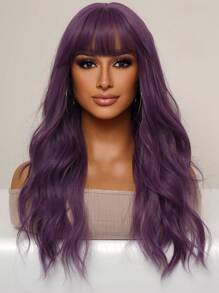 合成纖維耐熱假髮紫色長款卷波浪狀的假髮帶劉海假髮迷人紫色假髮逼真自然頭髮女性日常穿著角色扮演美麗頭髮