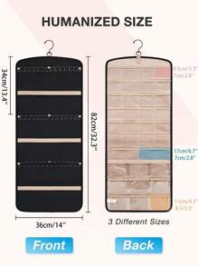 1 件装悬挂式珠宝收纳盒，带金属挂钩，双面珠宝架，项链架，带 35 个口袋，大号珠宝卷，可存放耳环、项链、戒指，可挂在衣柜、墙壁、门上，大号，黑色