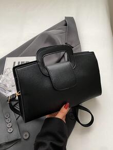 1pc Fashionable Solid Color Pu Leather Contrast Color Handbag With Adjustable Long Strap, Suitable For Women's Daily Business Use - Black - View 2