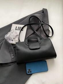 1pc Fashionable Solid Color Pu Leather Contrast Color Handbag With Adjustable Long Strap, Suitable For Women's Daily Business Use - Black - View 4