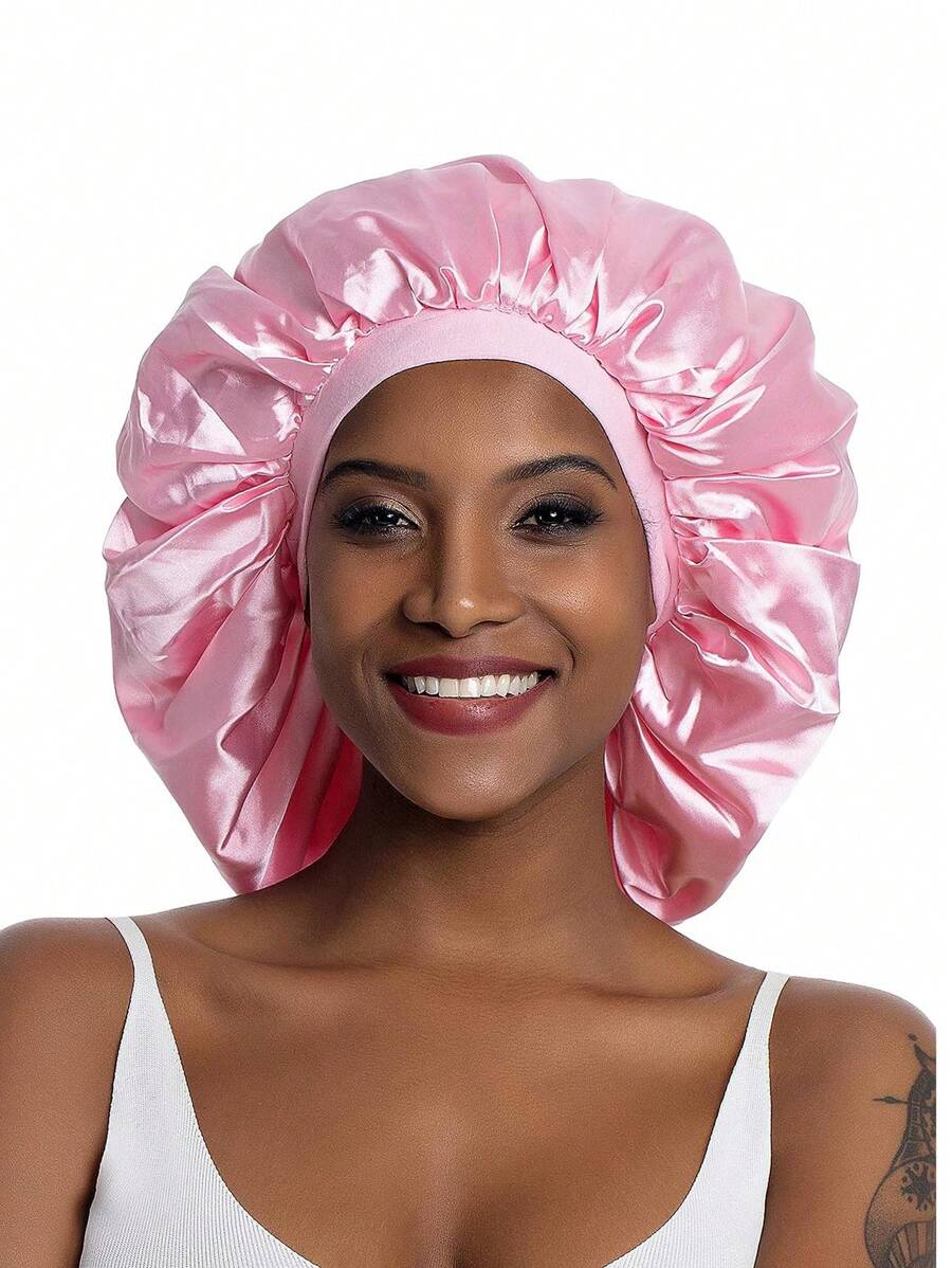 大号女士真丝缎面软帽超柔软弹力带睡帽，适合卷曲辫子发，粉色，返校，旅行度假必备，女士发饰 - 粉色 - 查看 1