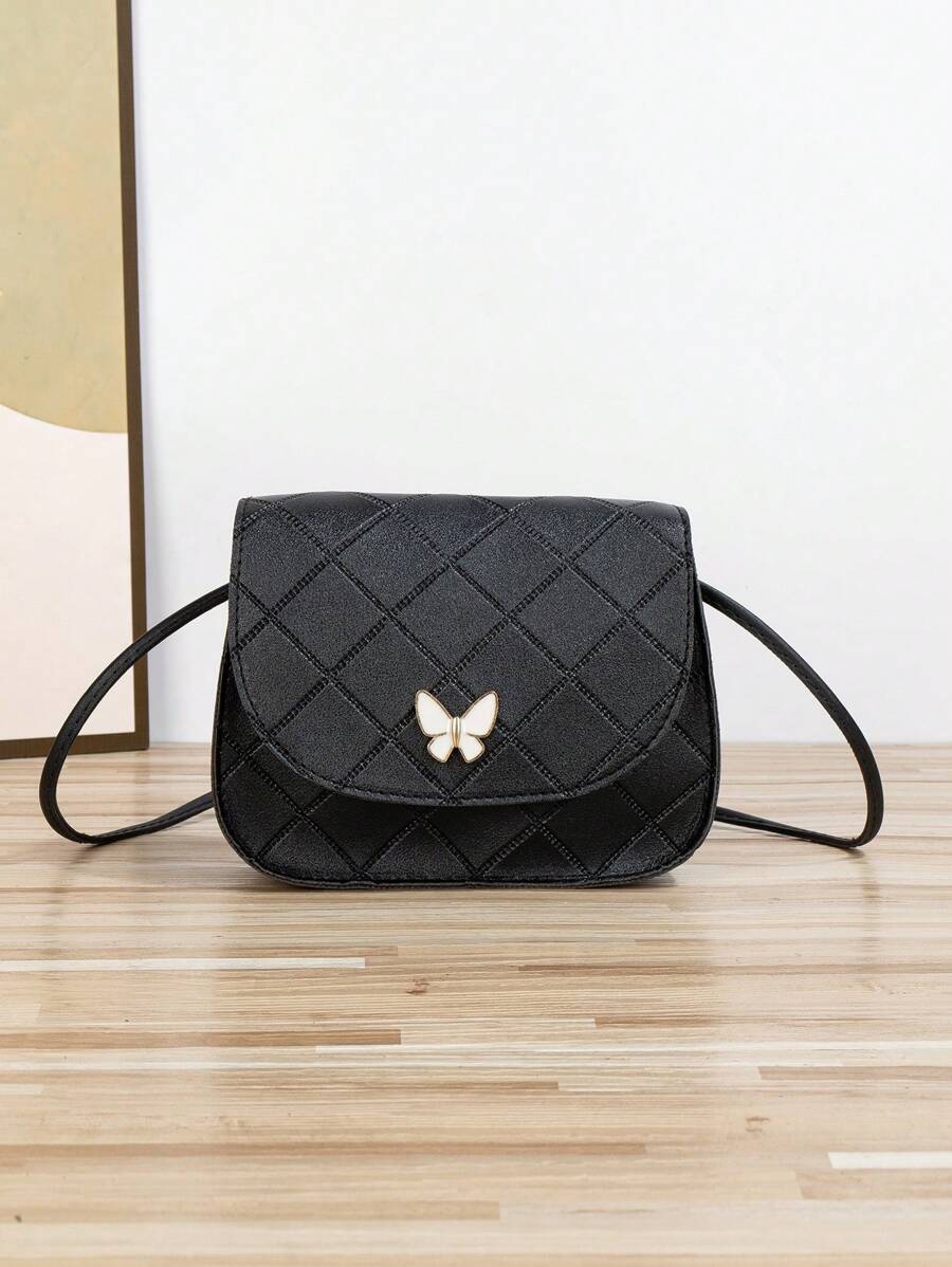 Fashionable Casual Rhombus Pattern Quilted Butterfly Detail Crossbody Mini Square Bag - Black - View 1