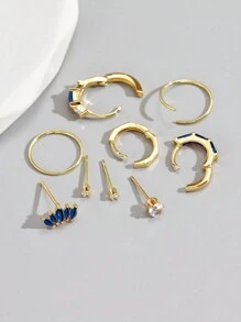 8pcs/set Blue Jewelry Set, Including 3 Embellished Stud Earrings, 2 Ear Clips, And 5 Earrings - Royal Blue - View 3