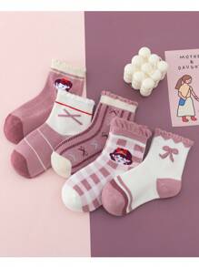 5對組女孩粉色高彈性松緊襪,透氣&吸汗,春/秋季,配有彩色方塊、格紋和蝴蝶結裝飾,多功能、休閒、公主、大學風格,初秋新品,適合與珍鞋搭配,小女孩、時尚中筒襪、可愛的學生、兒童厚實冬季襪子 - 彩色 - 查看 1