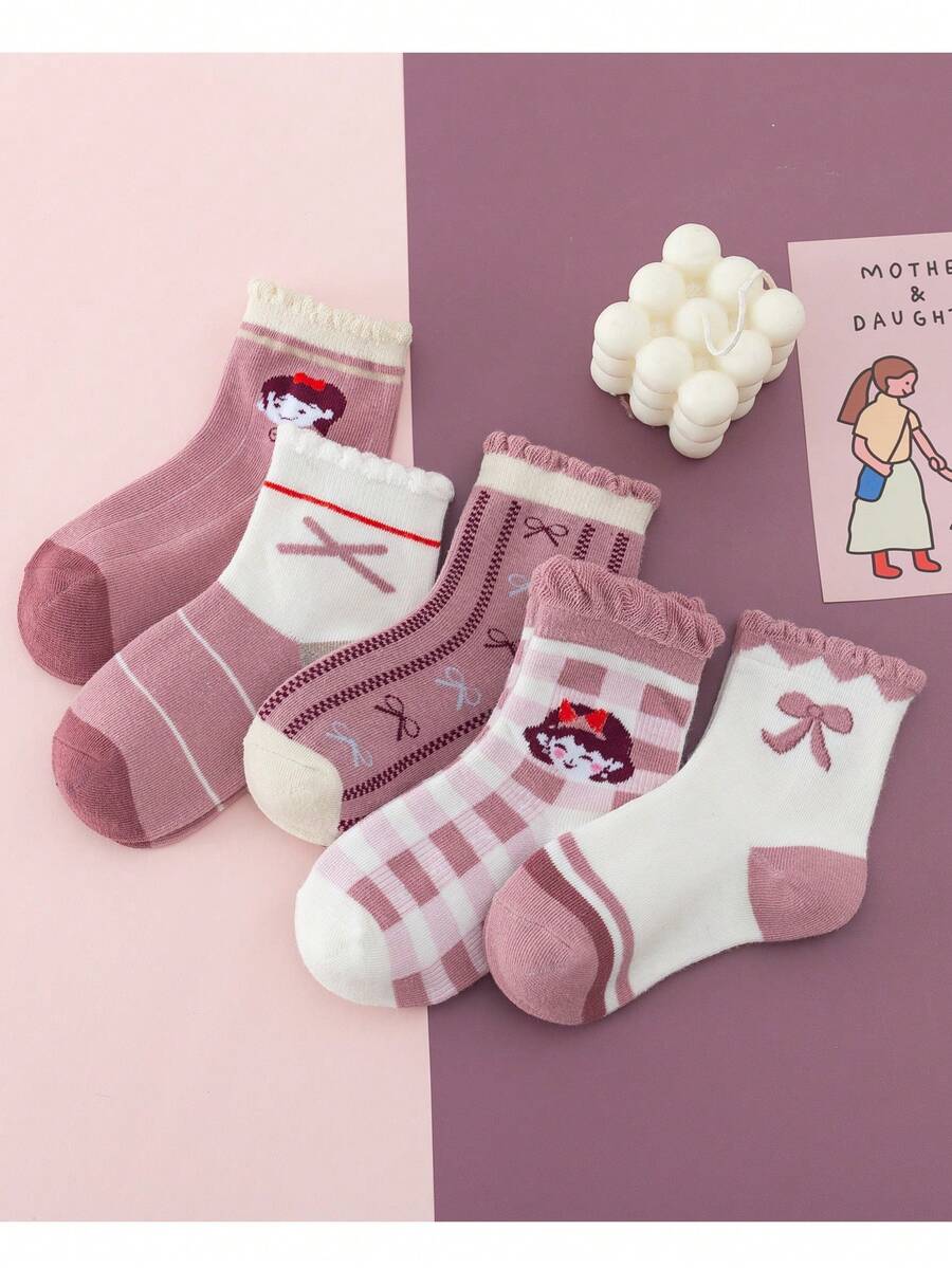 5對組女孩粉色高彈性松緊襪,透氣&吸汗,春/秋季,配有彩色方塊、格紋和蝴蝶結裝飾,多功能、休閒、公主、大學風格,初秋新品,適合與珍鞋搭配,小女孩、時尚中筒襪、可愛的學生、兒童厚實冬季襪子 - 彩色 - 查看 1