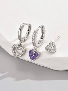 3入組粉色心形cz鑽石y2k千禧風格耳環套裝 - 銀色 - 查看 4