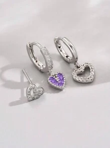 3入組粉色心形cz鑽石y2k千禧風格耳環套裝 - 銀色 - 查看 2