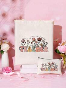 Back To School Season, Gift For Teacher, Letter Print Tote Bag With Makeup Bag, Set Of Two, Beautiful, Travel Beach Bag, Reusable Grocery Shopping Bag, Birthday Gift Bag, Personalized Wedding Favor Bag For Women Bridesmaids High School, Outdoors, Travel, Outings, Work, Business, Commute, Holiday, Teacher Gifts, Best Gifts For Teachers, Best Teacher Gifts For Christmas, Best Teacher Appreciation Gifts, Thank You Teacher Gifts
