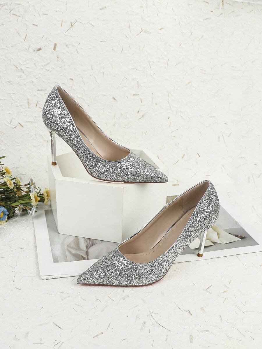 Tacones altos estilo francés para niñas - Nuevos lanzamientos de primavera 2023, tacones altos delgados y con puntera sexy con brillos - Plateado - Ver 1