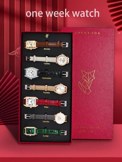 LUCKYFOX 7pcs/Set Ladies' Dry Battery Combination Set, New Theme 'a Week Of Watches' Matching Gift Box Set, Simple Casual Business Style Zinc Alloy Vintage Quartz Pu Leather Strap Watch For Daily Use Gift Sets As A Gift For Students Returning To School