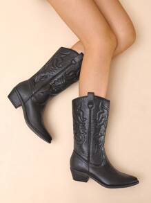 Women'S Cowboy Western Boots Pull On Cowgirl Boots Point Toe Embroidered Detail Chunky Heeled Mid Calf Boots Winter Christmas Valentine's Day Festive Black Boots - màu đen - Xem 3
