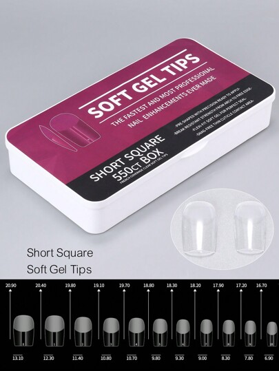 550本の短い正方形ソフトジェルフルカバーネイルチップキット、11サイズフルカバーのプレシェイプされたフェイクプレスオンネイル、DIYホームサロンマニキュアツールに適したケース付き