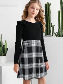Tween-Mädchen Kleid im Karo-Patchwork-Design mit Rüschenkante und Taschen - Schwarz - Übersicht 3