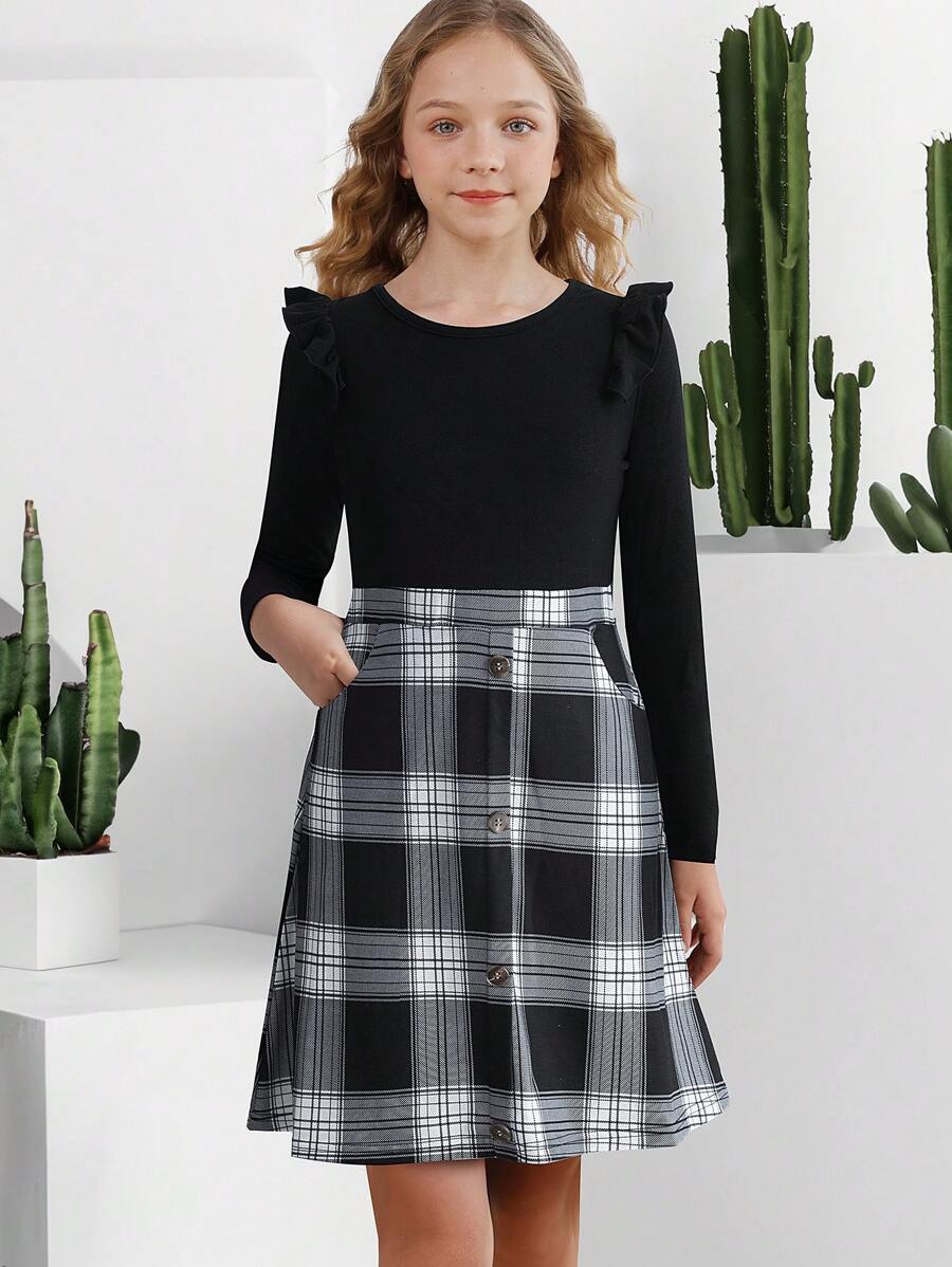 Tween-Mädchen Kleid im Karo-Patchwork-Design mit Rüschenkante und Taschen - Schwarz - Übersicht 1