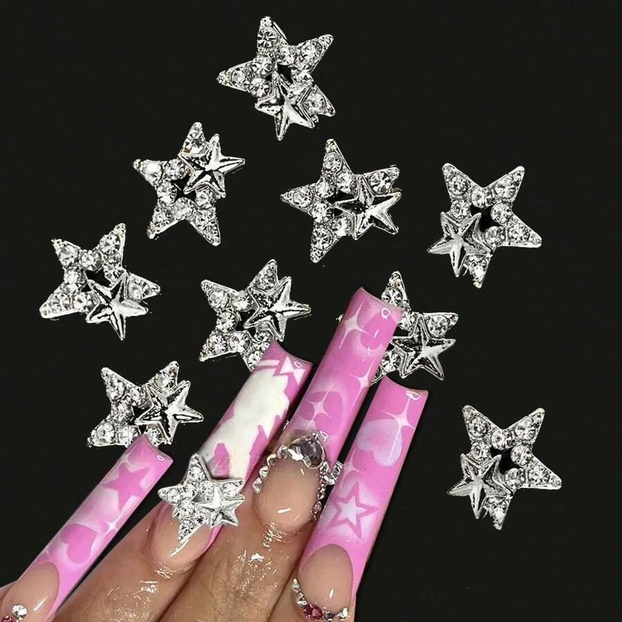 10 piezas de decoraciones para uñas con diseño de pentágono 3D hechas de aleación con incrustaciones de rhinestones, dijes para uñas, gemas para uñas, suministros para uñas - Plateado - Ver 1