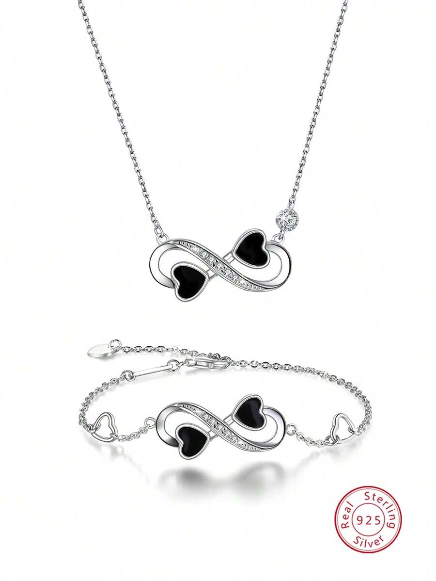 2 件套甜美百搭 925 純銀和方晶鋯石手鍊和項鍊套裝,適合女士日常、派對和工作服珠寶