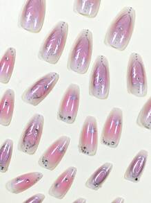 Improve Your Look With 24pcs Short, Almond-Shaped, Fashionable & Elegant French Style Silver Bar, Heart & Rhinestone Decor Gradient Pink False Nails For Parties, Dancing, Dating And Daily Wear Press On Nails Nail Supplies
