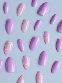 Obtenga glamoroso con 24 piezas de pétalos florales, almendras largas, cobertura completa, juego de uñas postizas, kit de manicura para uñas - Púrpura malva - Ver 3