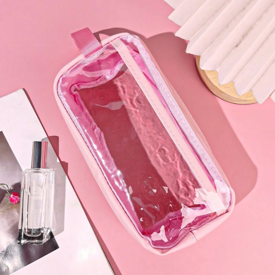 1入學生文具可見簡單鉛筆盒,家用收納袋,小學純色文具筆袋 - 粉色 - 查看 1