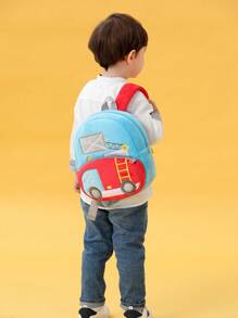 1入組卡通工程卡車和天線卡車設計長毛絨後背包適用於男孩適用於日常使用在四季 - 藍色 - 查看 2