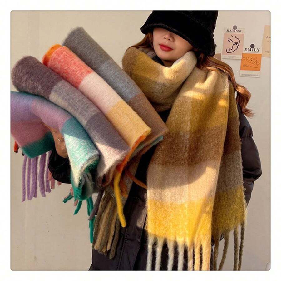1pc Women's Multicolor Checked Pattern Fashionable Soft & Skin-friendly Scarf, Suitable For Winter Warm Keeping - Multicolor - View 1