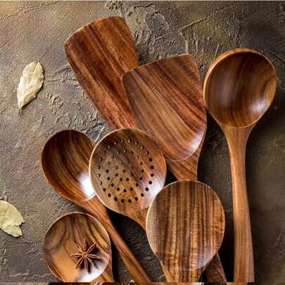 4-7pcs/Set Thai Teak Wood Natural Wood Cooking Utensils, Including Turner, Rice Strainer, Soup Ladle, Skimmer And Cooking Spoon For Kitchen, Kitchen, Christmas Gift,School Supplies