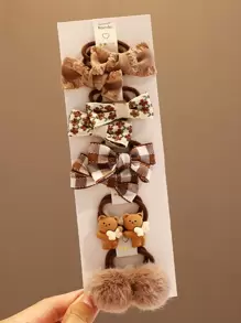 10入组/批孩子們的卡其色熊蝴蝶結頭繩 - 卡其色 - 查看 1