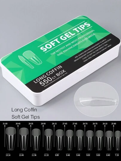 550Pcs Long Coffin Soft Gel Nails Tips, Professional Full Cover Clear Fake Nail Tips Pre-Shaped Press On Nails For Acrylic Nail Extension Manicure Tools Nail Supplies