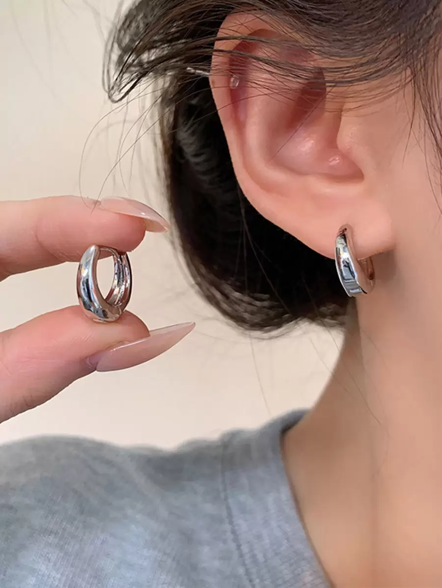 topshiny 1pair Minimalist Style Hoop Earrings For Women, Silver Color Ear Stud Fashion Jewelry - Silver - View 1