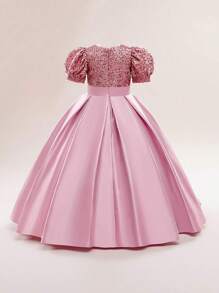 少女亮片蝴蝶结缎面长款优雅正式礼服，适合盛大晚宴、活动策划、正式晚宴等场合，不含头饰 - 藕粉色 - 查看 2