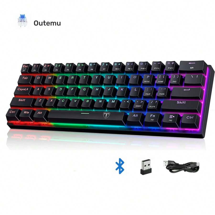 ET 60% Teclado Mecánico Gamer Inalambrico 61 Teclas de Azul Interruptor, Teclado Mécanico de Computadora, Outemu Blue Switch, Bluetooth+2.4g Usb+Cable Removible, Teclado Ergonomico Portatil Para Juegos&Oficina, Win/Macbook OS/ios/Android/Ipad, Excelente Regalo para Niños del Día de los Reyes Magos, Navidad, Cumpleaños - Negro - Ver 1