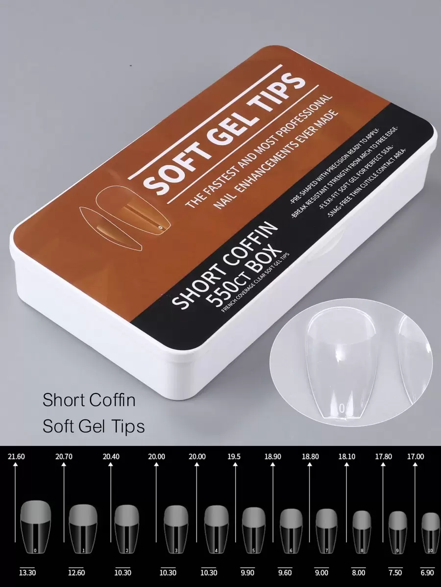 短棺形假指甲貼，550pcs/盒 11號透明柔軟膠指甲貼 預磨全覆蓋假指甲延長工具 修指甲用品