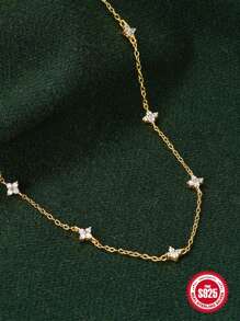 1pc 925 Sterling Silver Teardrop Pink Necklace Women's 18k Gold Plated Rhinestone Star Stack Ladies Clavicle Necklace Holiday