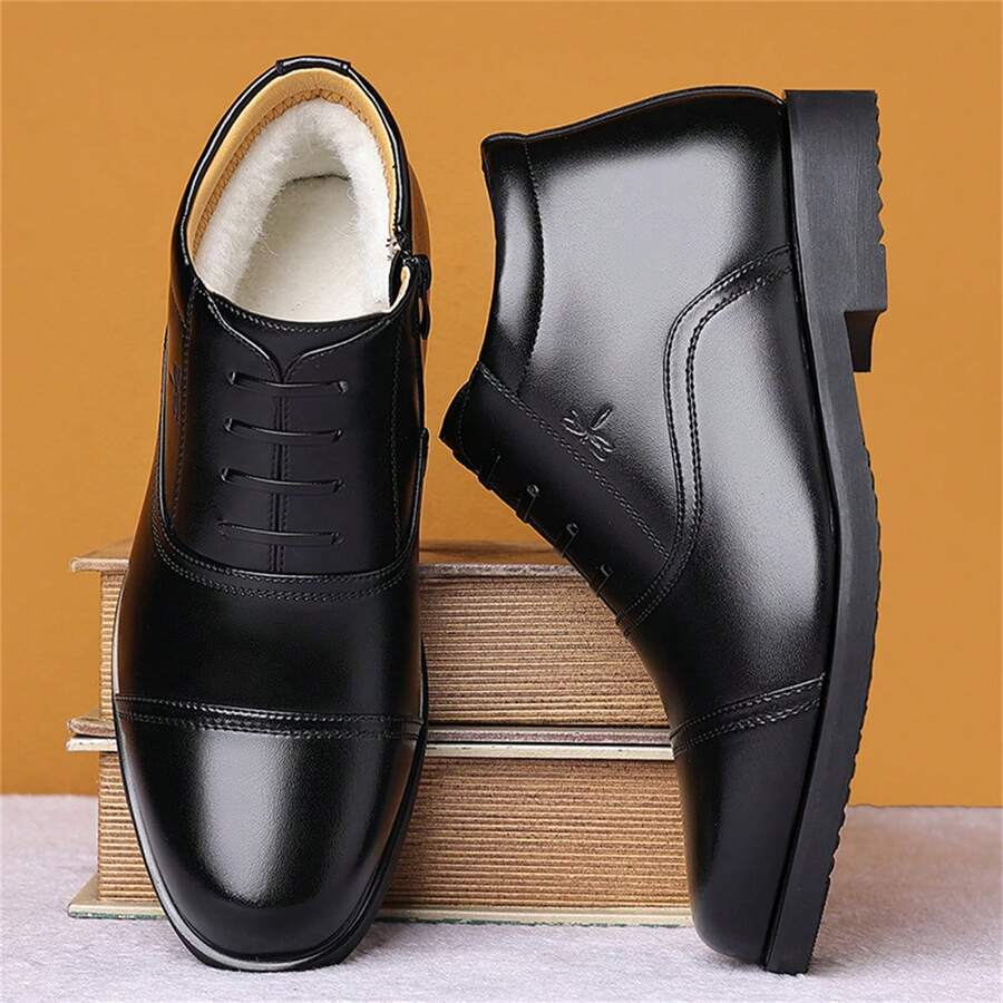 男士冬季保暖絨面pu皮正式商務鞋,圓頭,柔軟表面,橡膠防滑,拉鍊閉合,經典雙街休閒pu皮鞋