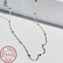 1pc S925 Sterling Silver Colorful Beaded Necklace For Women, Simple & Versatile Choker Jewelry - one-size - View 2