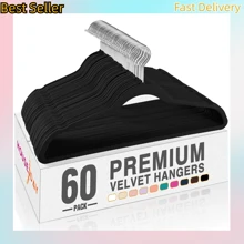 HOUSE DAY 天鵝絨衣架 60入組，高級衣架防滑毛氈衣架，堅固的黑色衣架重型衣架，耐用西裝衣架節省空間，無衣架標記 360 度旋轉，黑色 - 黑色 - 查看 1