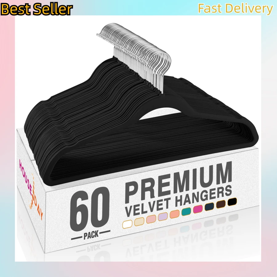 HOUSE DAY 天鵝絨衣架 60入組，高級衣架防滑毛氈衣架，堅固的黑色衣架重型衣架，耐用西裝衣架節省空間，無衣架標記 360 度旋轉，黑色 - 黑色 - 查看 1