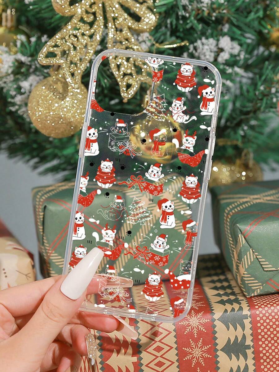 1pc Painted Christmas Cat Print Phone Case Compatible With IPhone - Multicolor - View 1