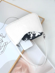 Crocodile-patterned Shoulder Bag/french Bread Bag For Teen Girls - White - View 4
