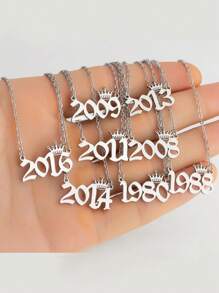 1入組極簡不鏽鋼生日年份日期和字母掛墜項鍊(1980-2023) - 銀色 - 查看 1
