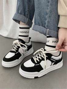 Zapatillas De Deporte De Moda Para Mujeres Con Suela Suave Y Tacón Alto, Estilo Universitario De Otoño Con Cordones Para Deportes Y Uso Casual - Negro - Ver 3