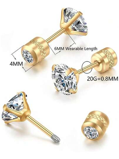 1pair 18K Gold Plated Handmade Screw Back CZ Stud Earrings For Men, Hypoallergenic Surgical Steel Cartilage Earrings, Gold Plated With Clear Cubic Zirconia 2/3/4/5/6mm Valentines And Mardi Gras Earrings