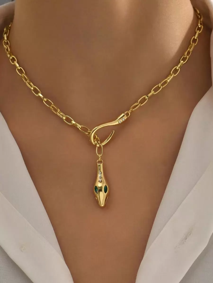 1pc Stainless Steel Stylish Snake Design Necklace With Rhinestone Decoration, Vintage Atmosphere And Luxury Style