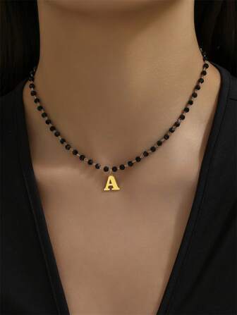1入流行時尚貴族淑女風格不鏽鋼金色大寫字母26字母吊墜項鍊