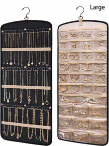 1 件装悬挂式珠宝收纳盒，带金属挂钩，双面珠宝架，项链架，带 35 个口袋，大号珠宝卷，可存放耳环、项链、戒指，可挂在衣柜、墙壁、门上，大号，黑色